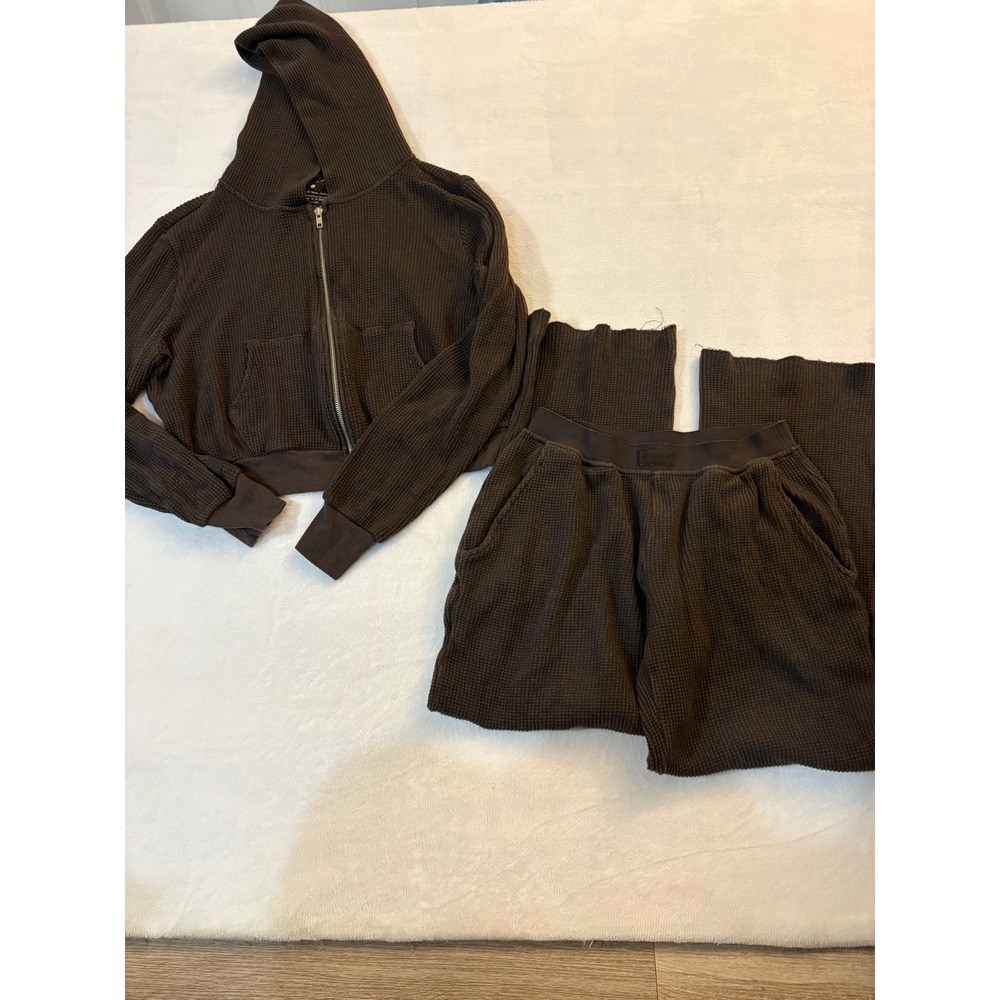 Women's Ribbed Lounge Pants and Zip Hoodie Set - Brown - Picture 2 of 6